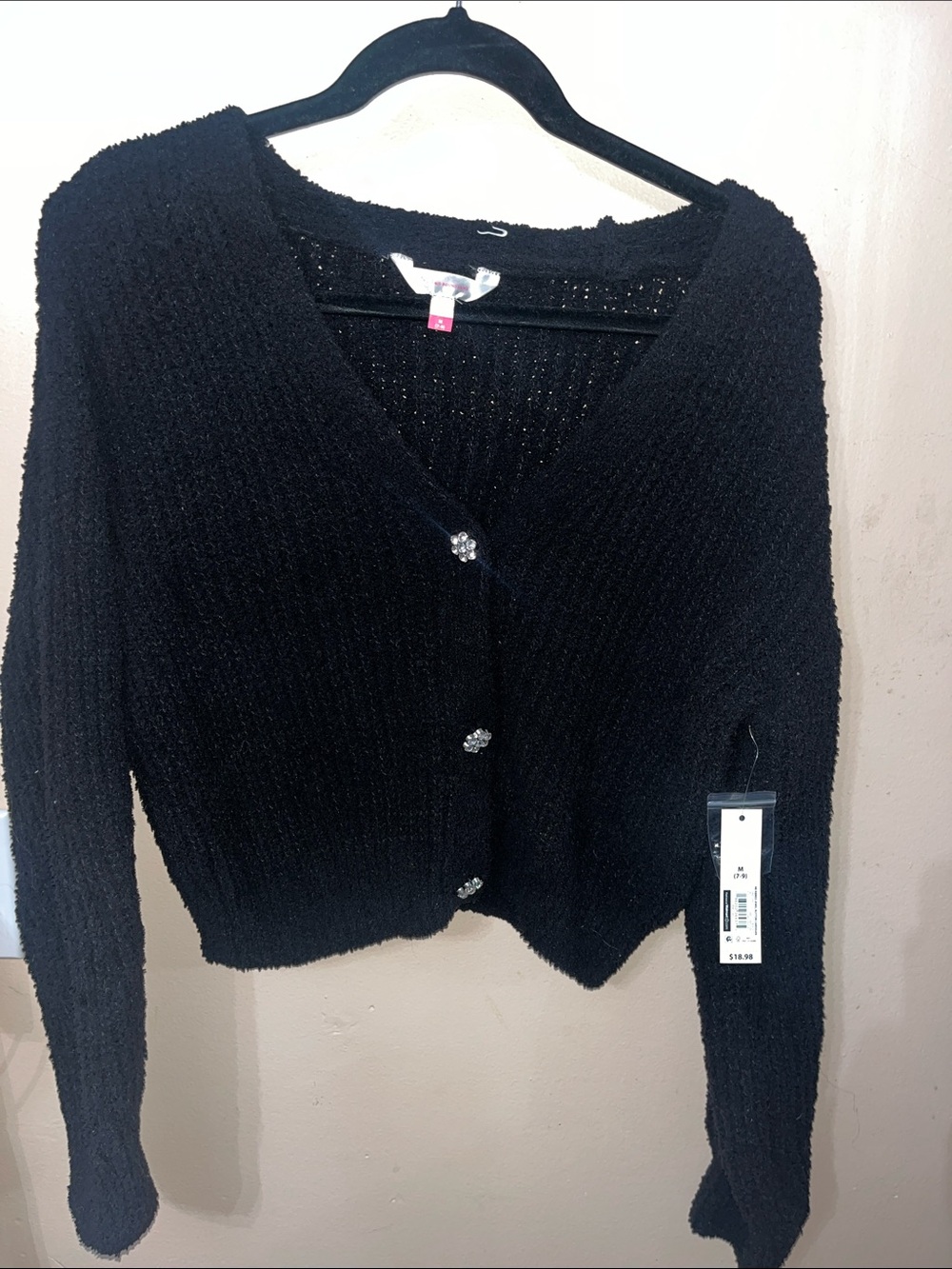 No Boundaries Black Three Rhinestone Button Cropped Sweater NWT — Size M
